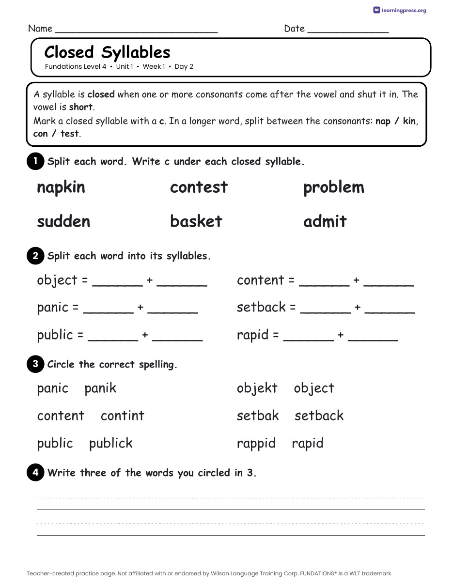 Preview page 1 of Fundations LEVEL 4 — Full-Year Daily Lesson Work Page Bundle (All Units 1–15)