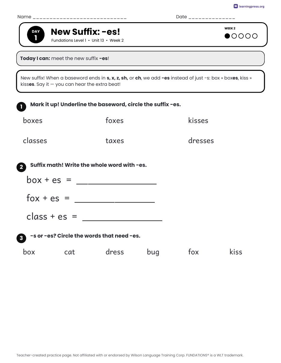 Preview page 2 of Fundations Level 1 Unit 13 Daily Lesson Work Pages
