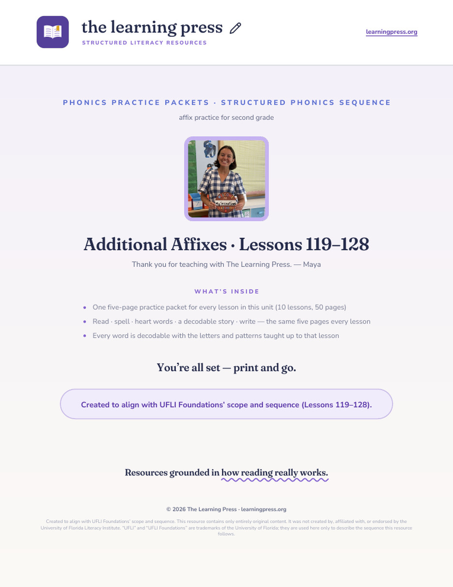 Preview page 1 of UFLI Aligned Worksheets · Lessons 119 – 128 · Additional Affixes Unit Bundle