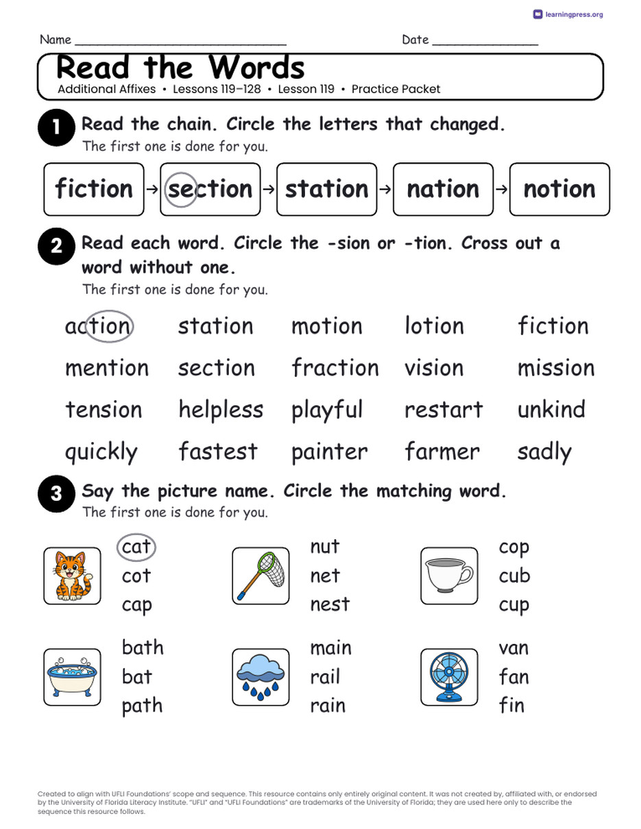 Preview page 2 of UFLI Aligned Worksheets · Lessons 119 – 128 · Additional Affixes Unit Bundle