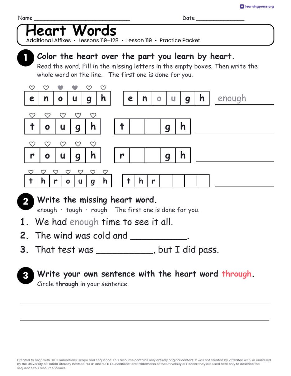 Preview page 3 of UFLI Aligned Worksheets · Lessons 119 – 128 · Additional Affixes Unit Bundle
