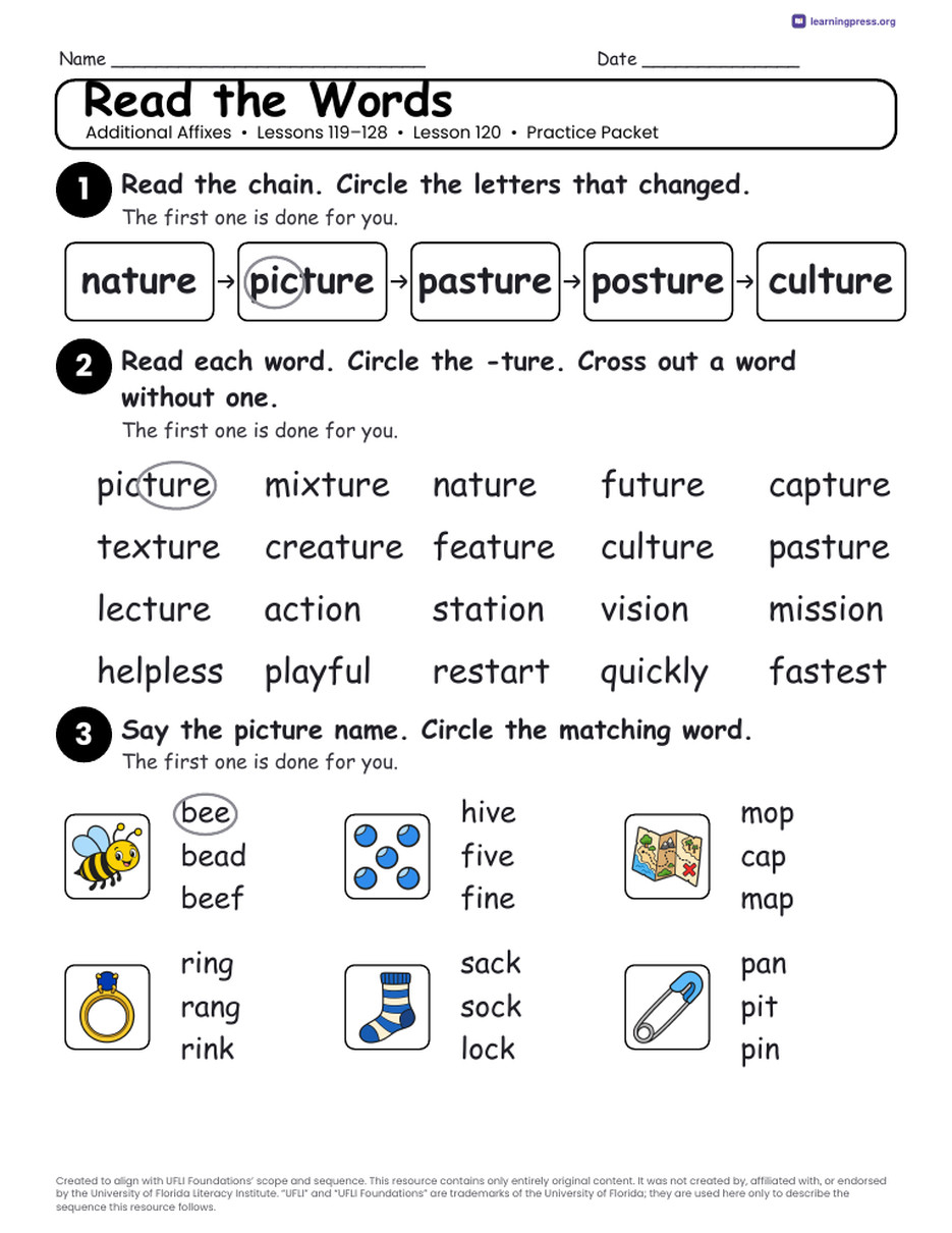 Preview page 4 of UFLI Aligned Worksheets · Lessons 119 – 128 · Additional Affixes Unit Bundle