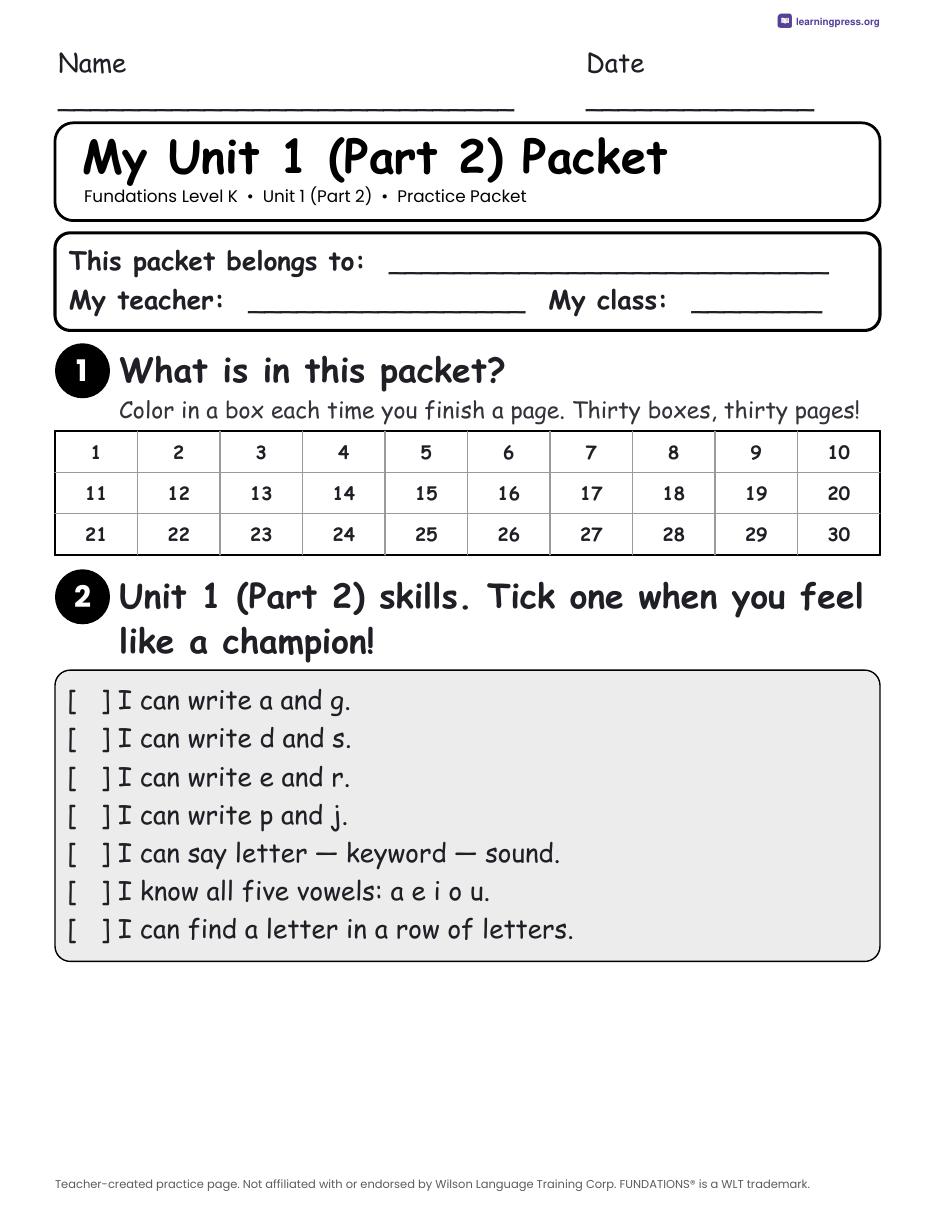 Preview page 2 of Fundations Level K Unit 1 Worksheets