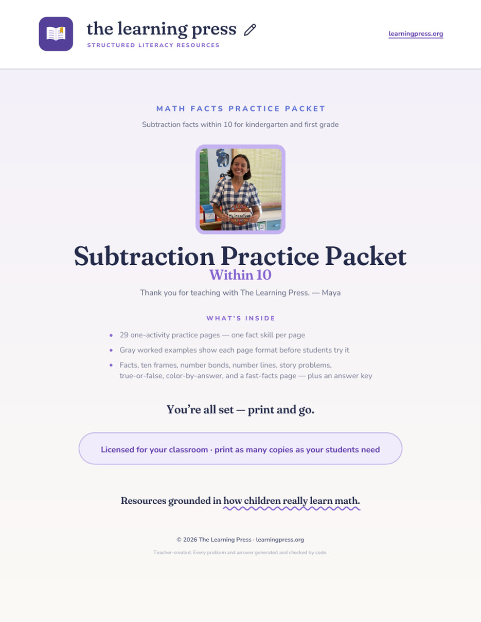 Preview page 1 of Subtraction Practice Packet · Within 10