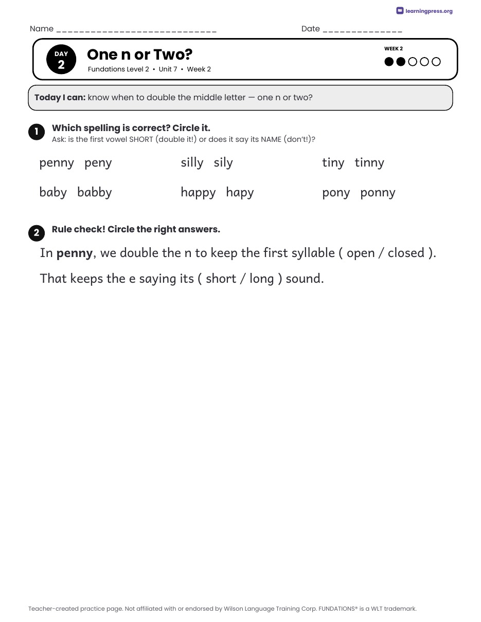 Preview page 2 of Fundations Level 2 Unit 7 Daily Lesson Work Pages