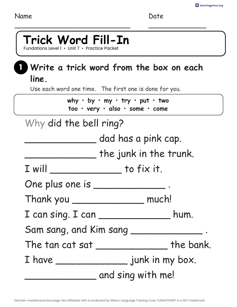 Preview page 3 of Fundations Level 1 Unit 7 Worksheets