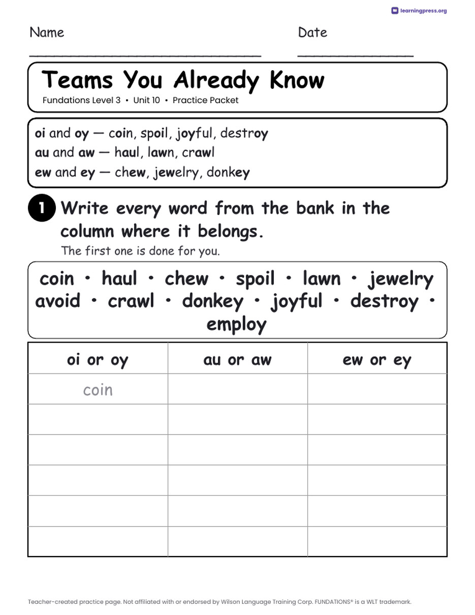Preview page 2 of Fundations Level 3 Unit 10 Worksheets
