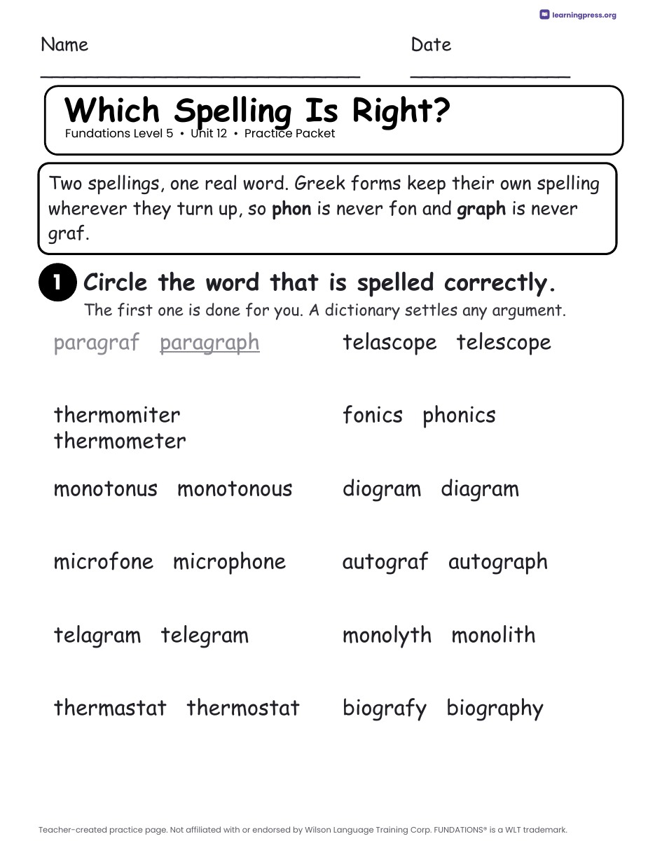 Preview page 2 of Fundations Level 5 Unit 12 Worksheets