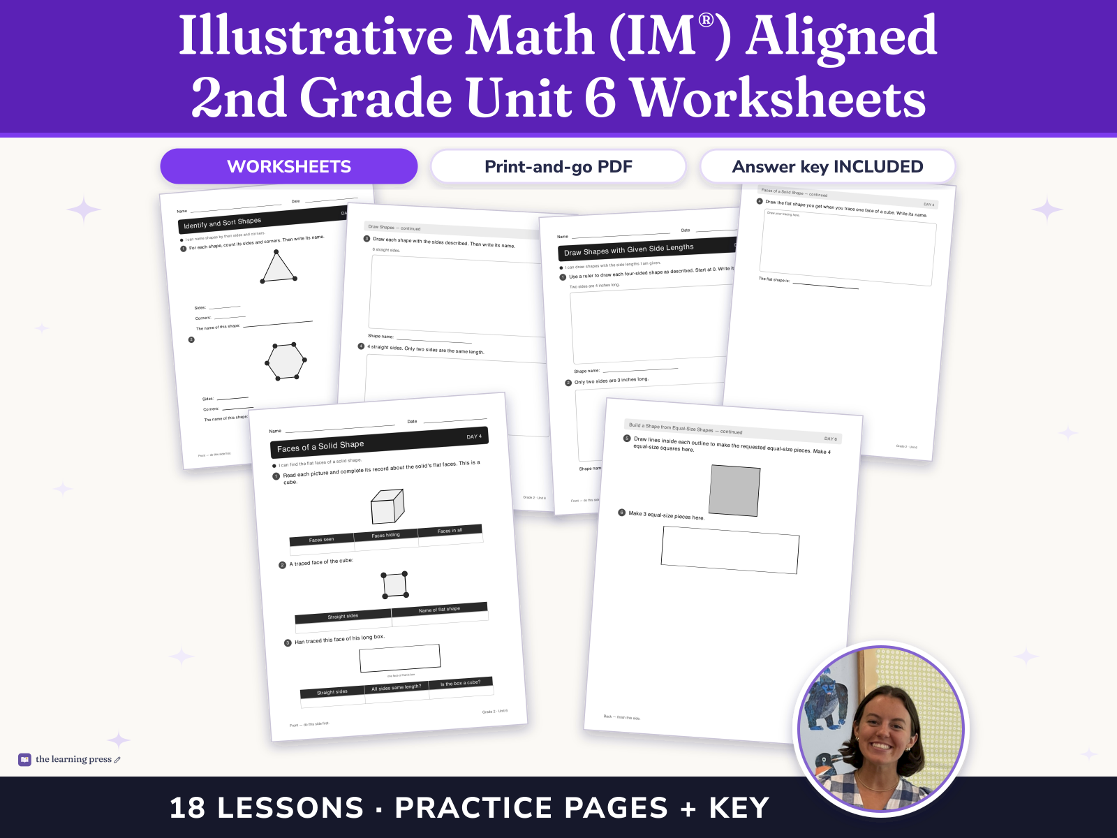 Preview page 1 of Illustrative Math (IM®) Aligned 2nd Grade Unit 6 Worksheets: Geometry, Time, and Money