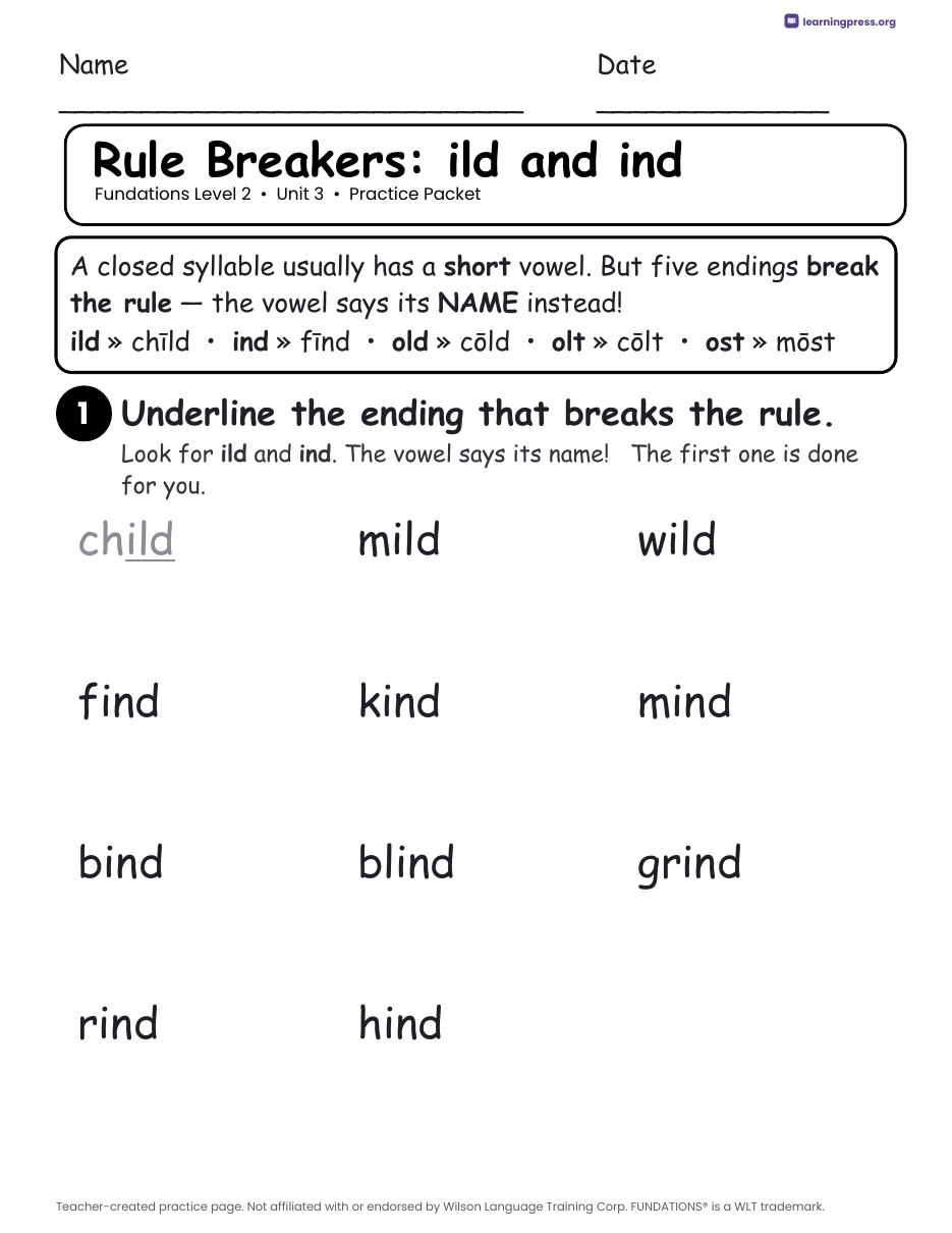 Preview page 1 of Fundations Level 2 Unit 3 Worksheets