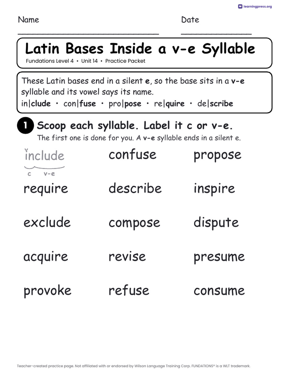Preview page 1 of Fundations Level 4 Unit 14 Worksheets