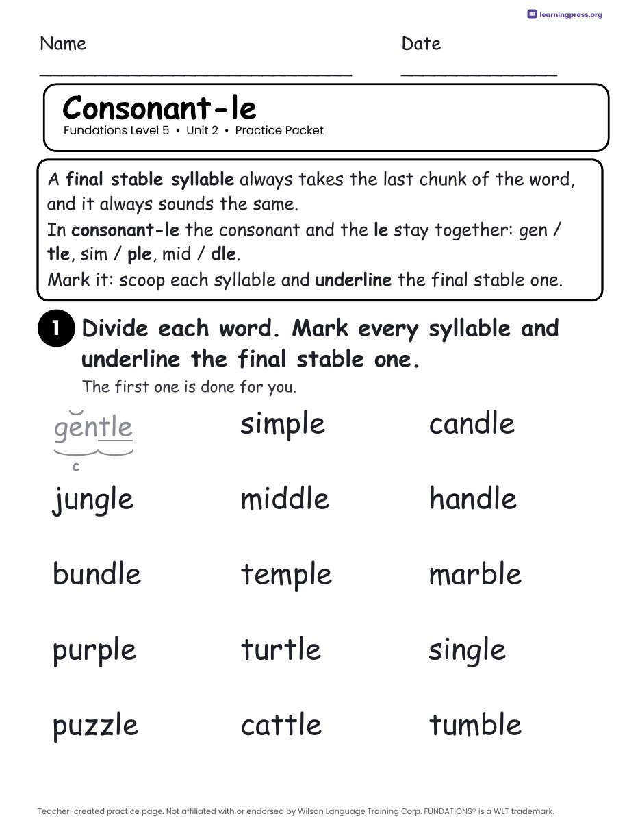 Preview page 1 of Fundations Level 5 Unit 2 Worksheets