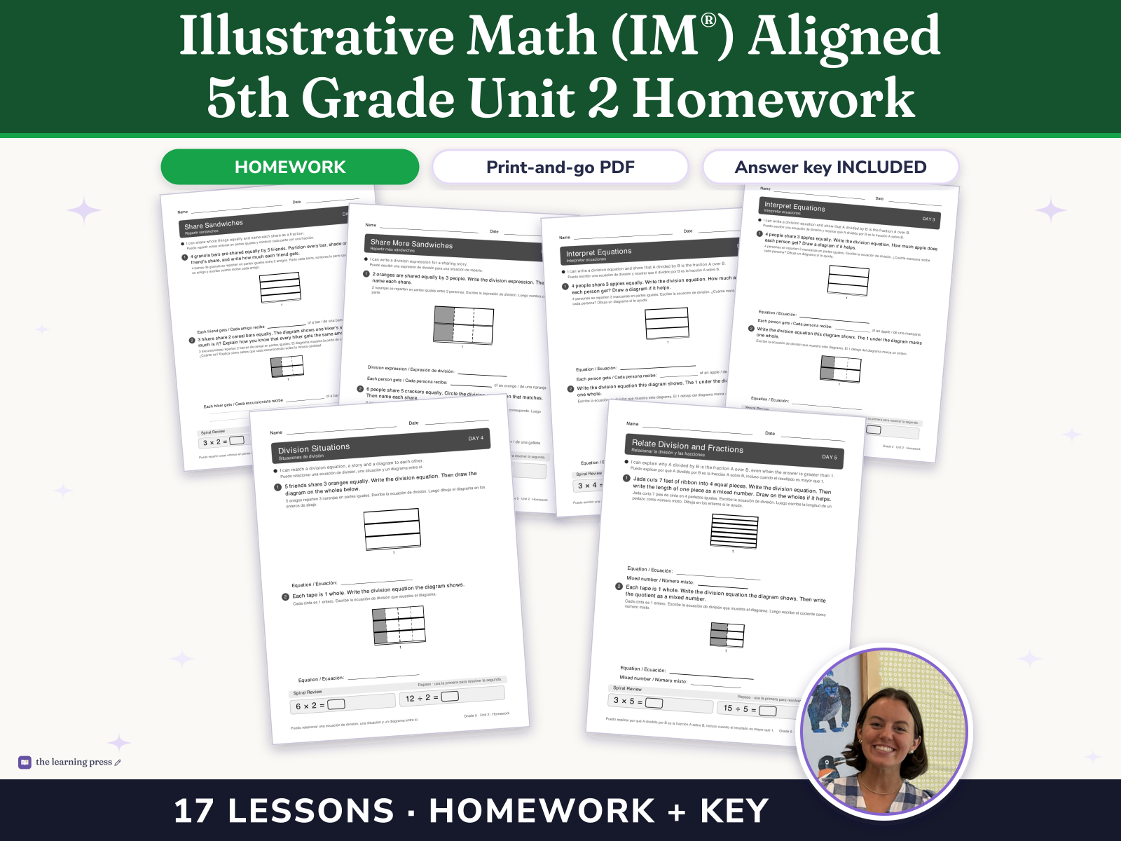 Preview page 1 of Illustrative Math (IM®) Aligned 5th Grade Unit 2 Homework: Fractions as Quotients and Fraction Multiplication