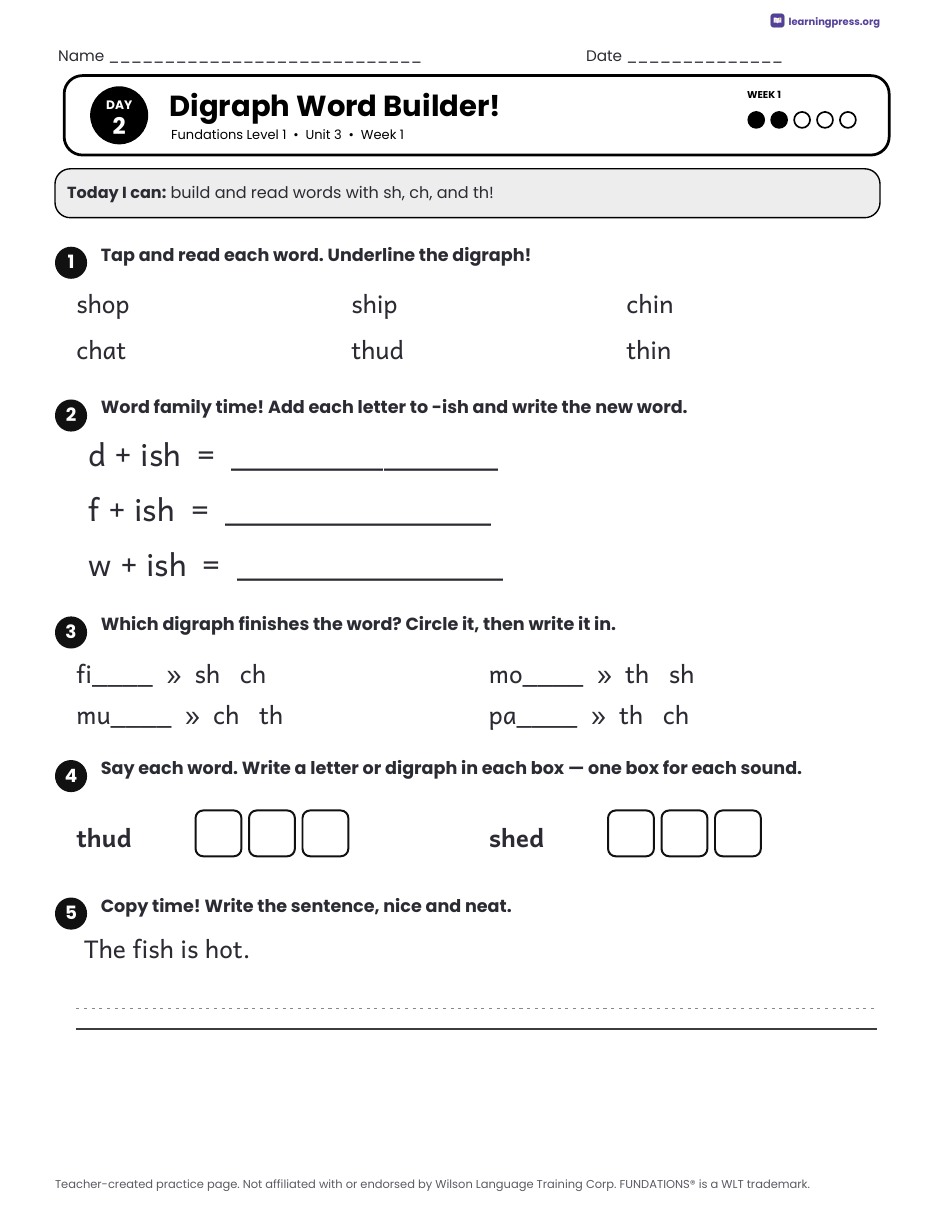 Preview page 1 of Fundations Level 1 Unit 3 Daily Lesson Work Pages