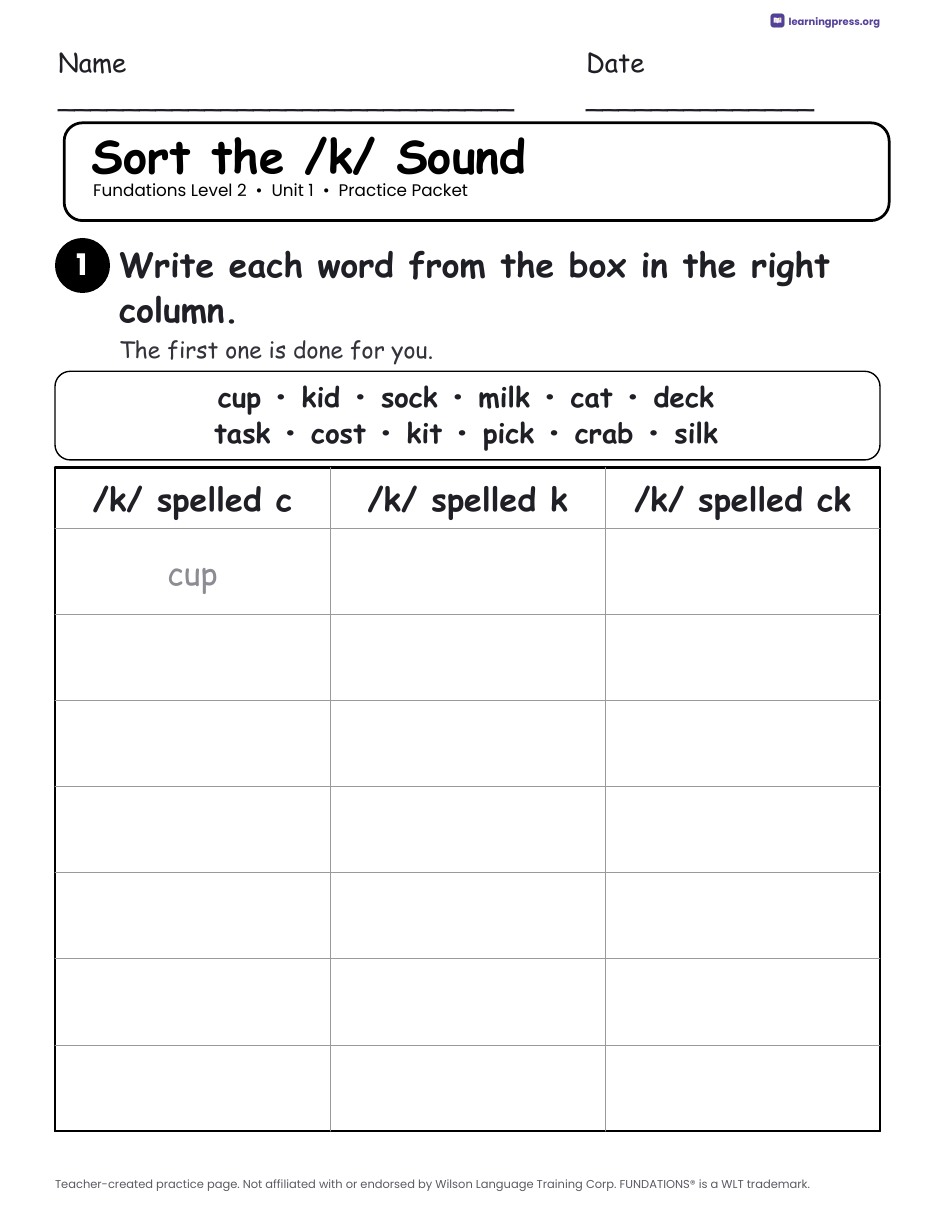 Preview page 2 of Fundations Level 2 Unit 1 Worksheets