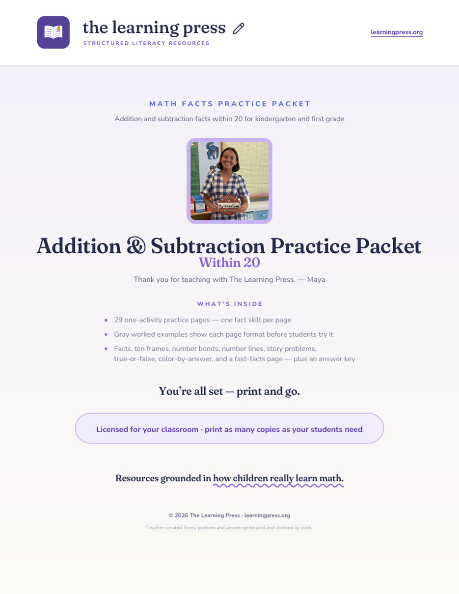 Preview page 1 of Addition and Subtraction Practice Packet · Within 20