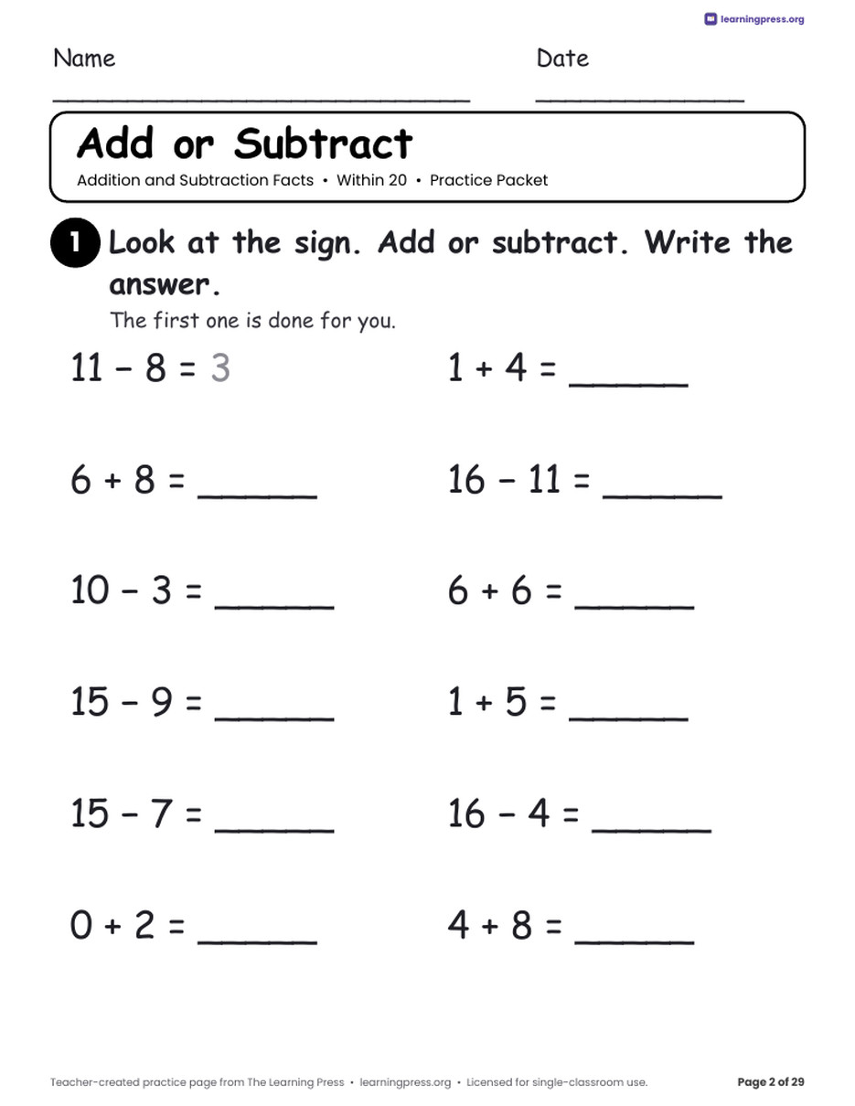 Preview page 2 of Addition and Subtraction Practice Packet · Within 20