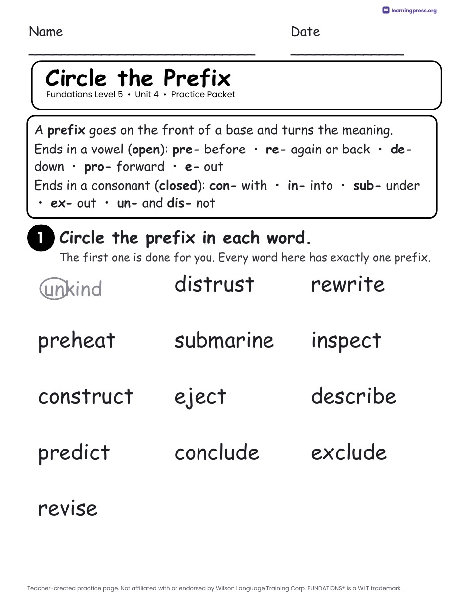 Preview page 1 of Fundations Level 5 Unit 4 Worksheets