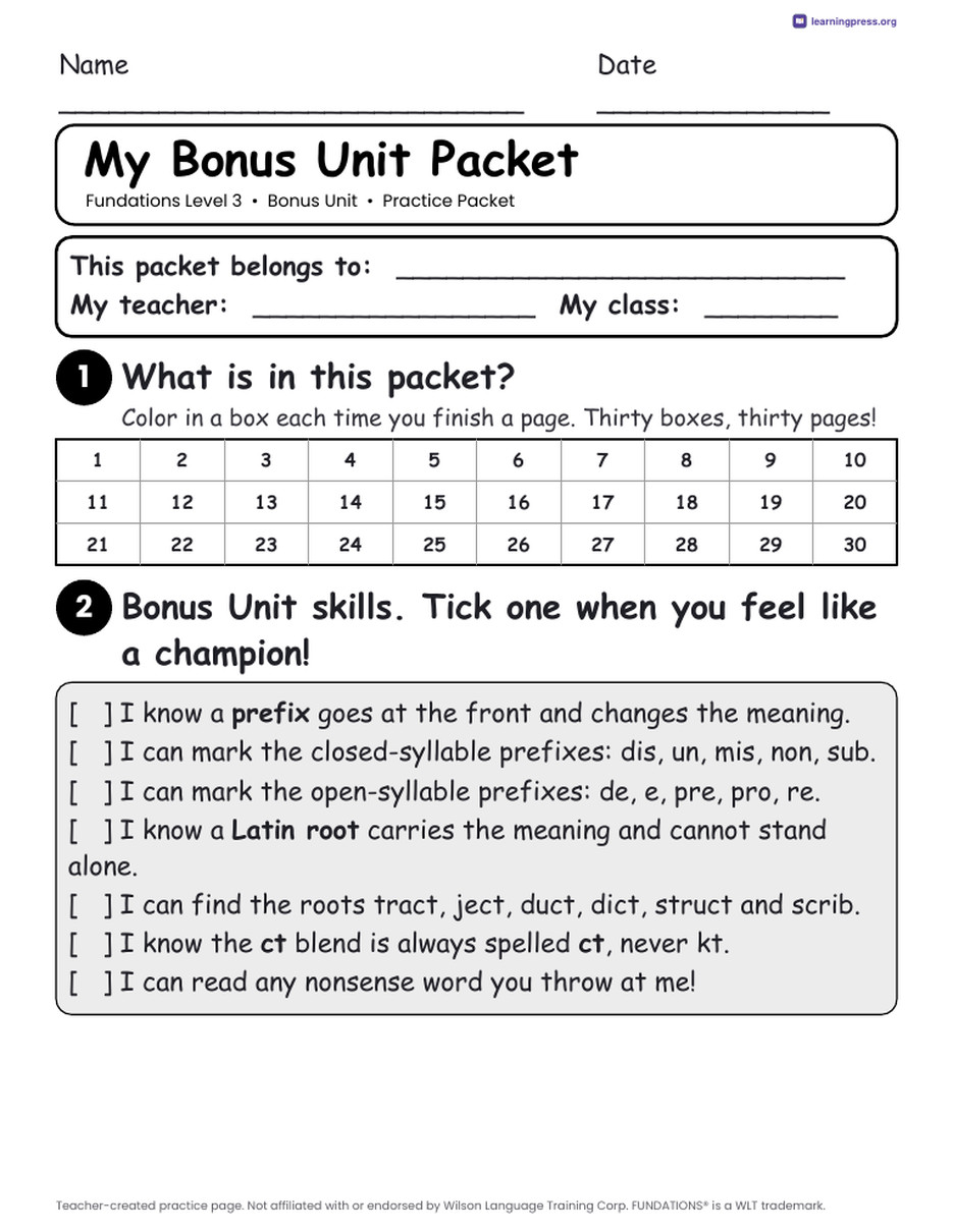 Preview page 1 of Fundations Level 3 Bonus Unit Worksheets