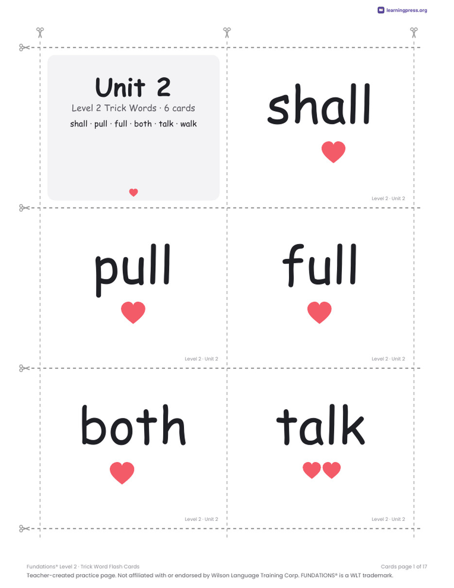 Preview page 3 of Fundations Level 2 — Trick Word Flash Cards