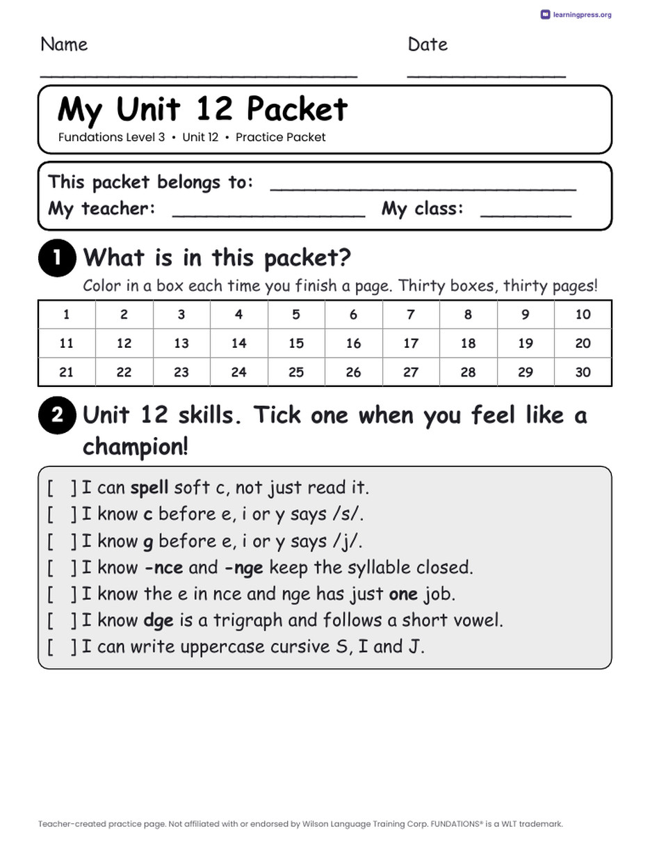 Preview page 1 of Fundations Level 3 Unit 12 Worksheets