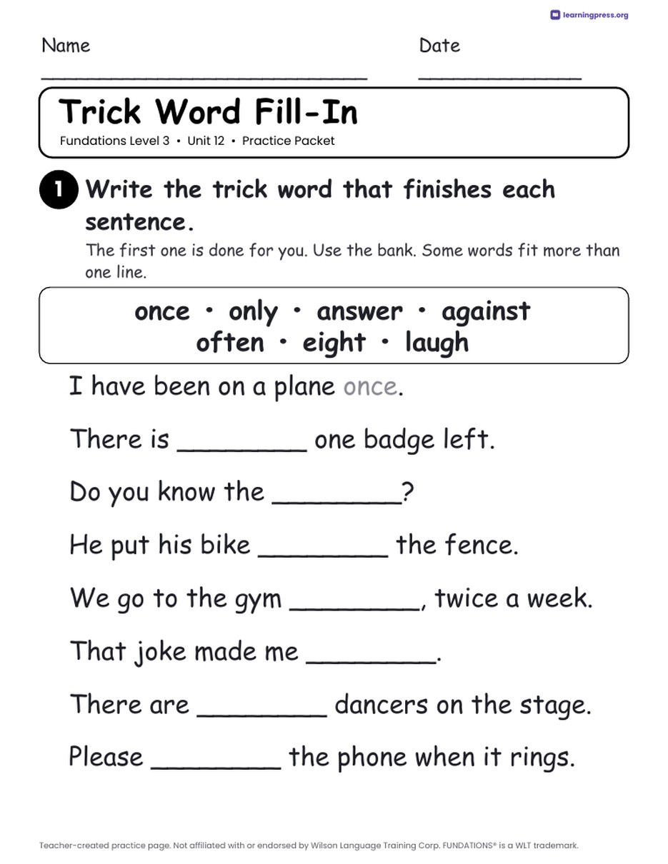 Preview page 3 of Fundations Level 3 Unit 12 Worksheets