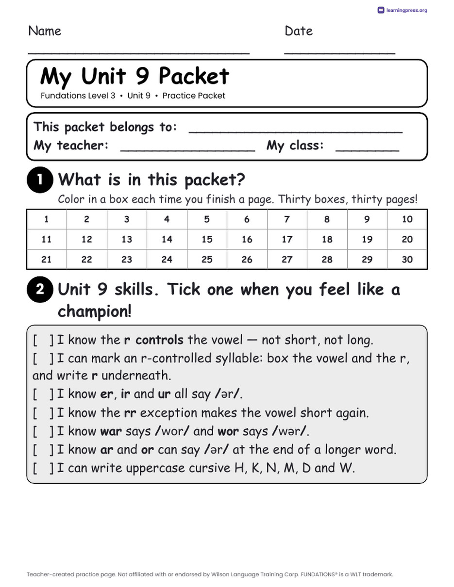 Preview page 1 of Fundations Level 3 Unit 9 Worksheets
