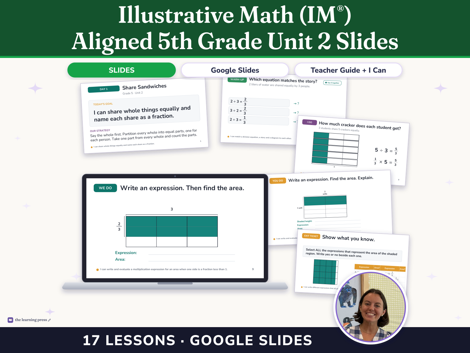 Preview page 1 of Illustrative Math (IM®) Aligned 5th Grade Unit 2 Slides: Fractions as Quotients and Fraction Multiplication