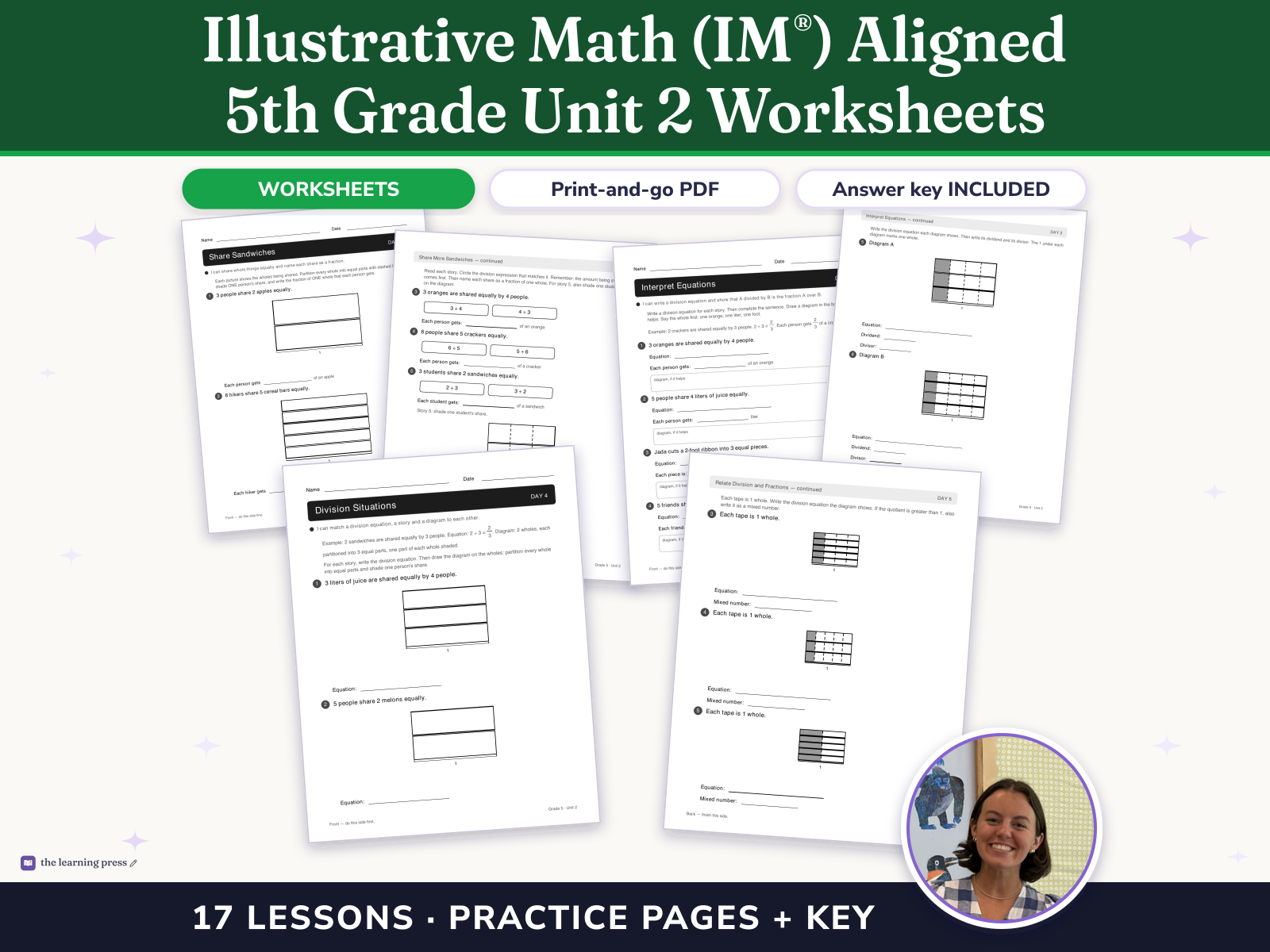 Preview page 1 of Illustrative Math (IM®) Aligned 5th Grade Unit 2 Worksheets: Fractions as Quotients and Fraction Multiplication