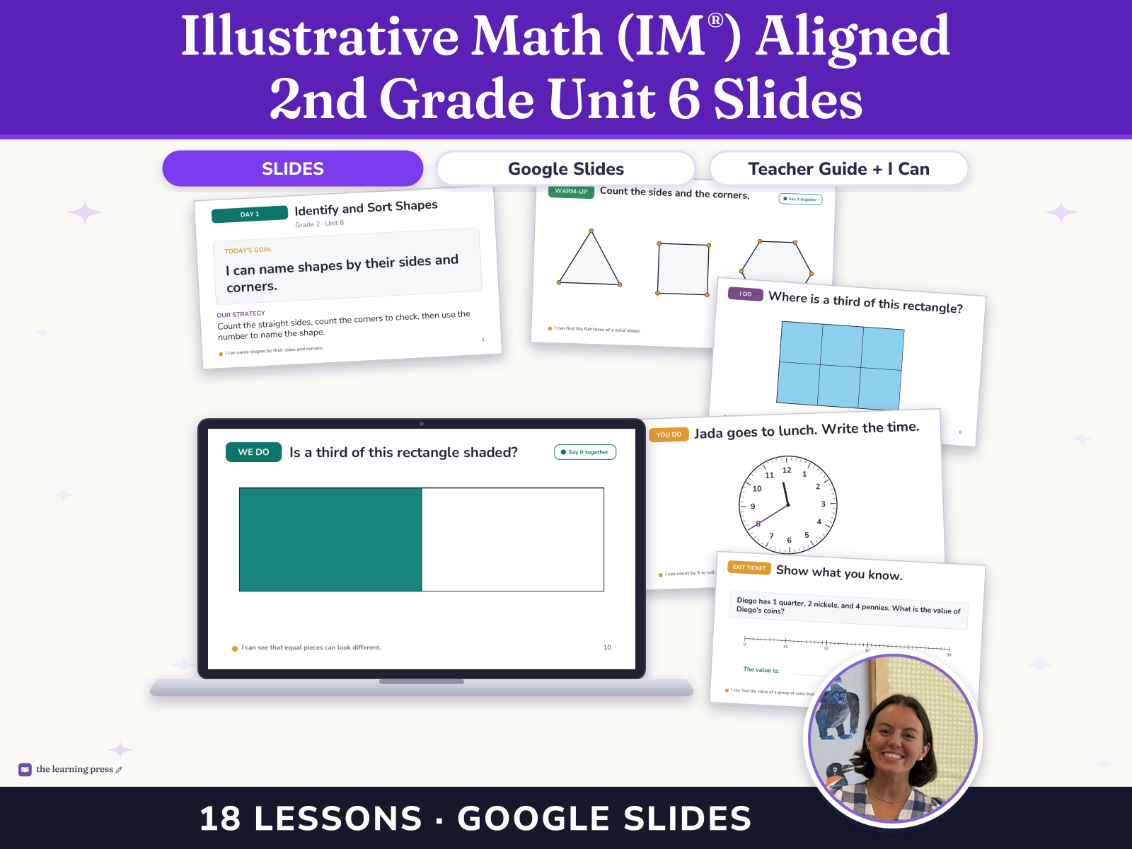Preview page 1 of Illustrative Math (IM®) Aligned 2nd Grade Unit 6 Slides: Geometry, Time, and Money