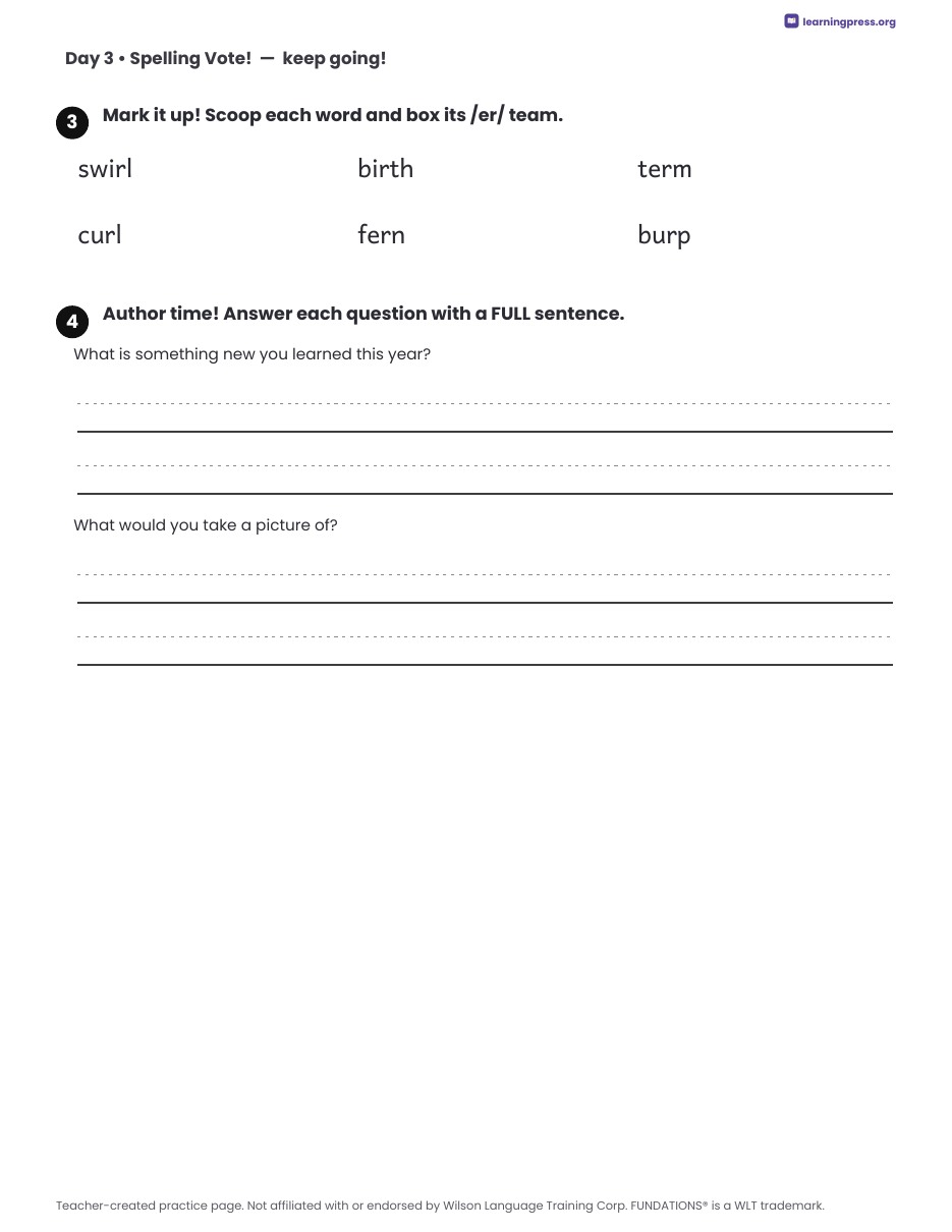 Preview page 2 of Fundations Level 2 Unit 9 Daily Lesson Work Pages