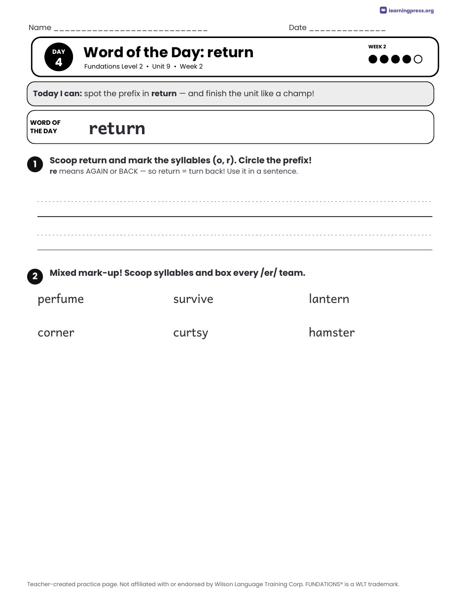 Preview page 4 of Fundations Level 2 Unit 9 Daily Lesson Work Pages