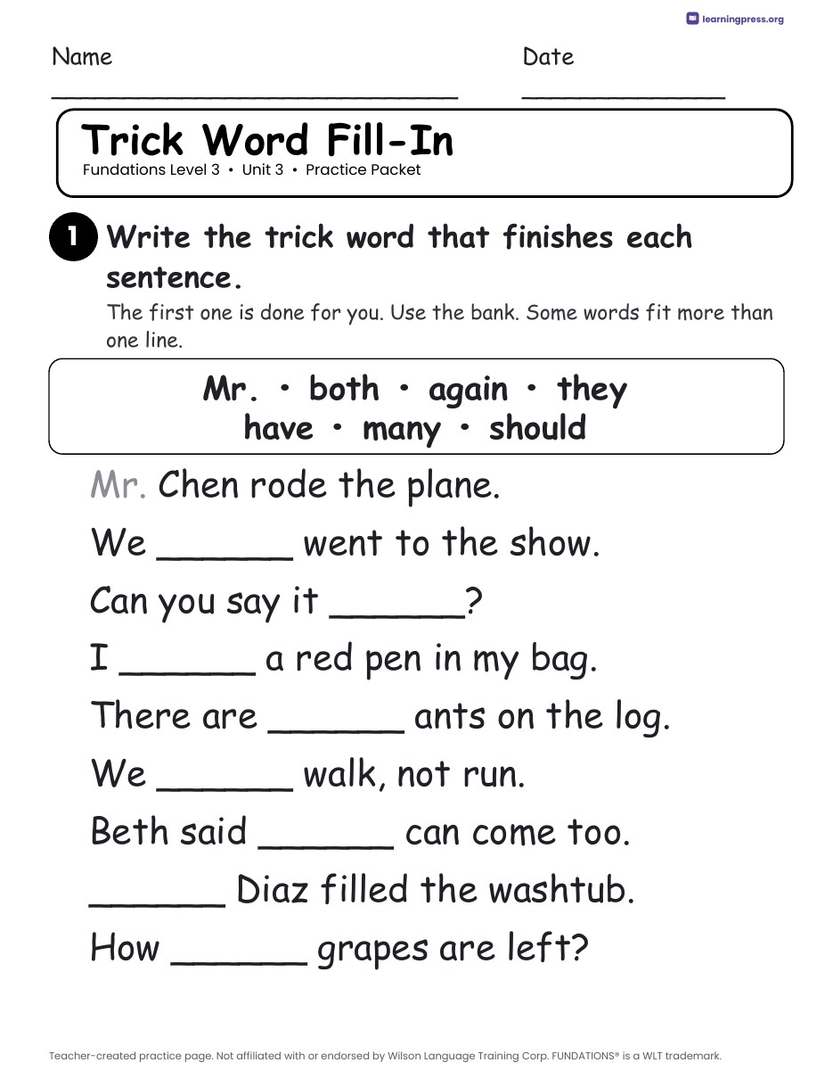 Preview page 3 of Fundations Level 3 Unit 3 Worksheets