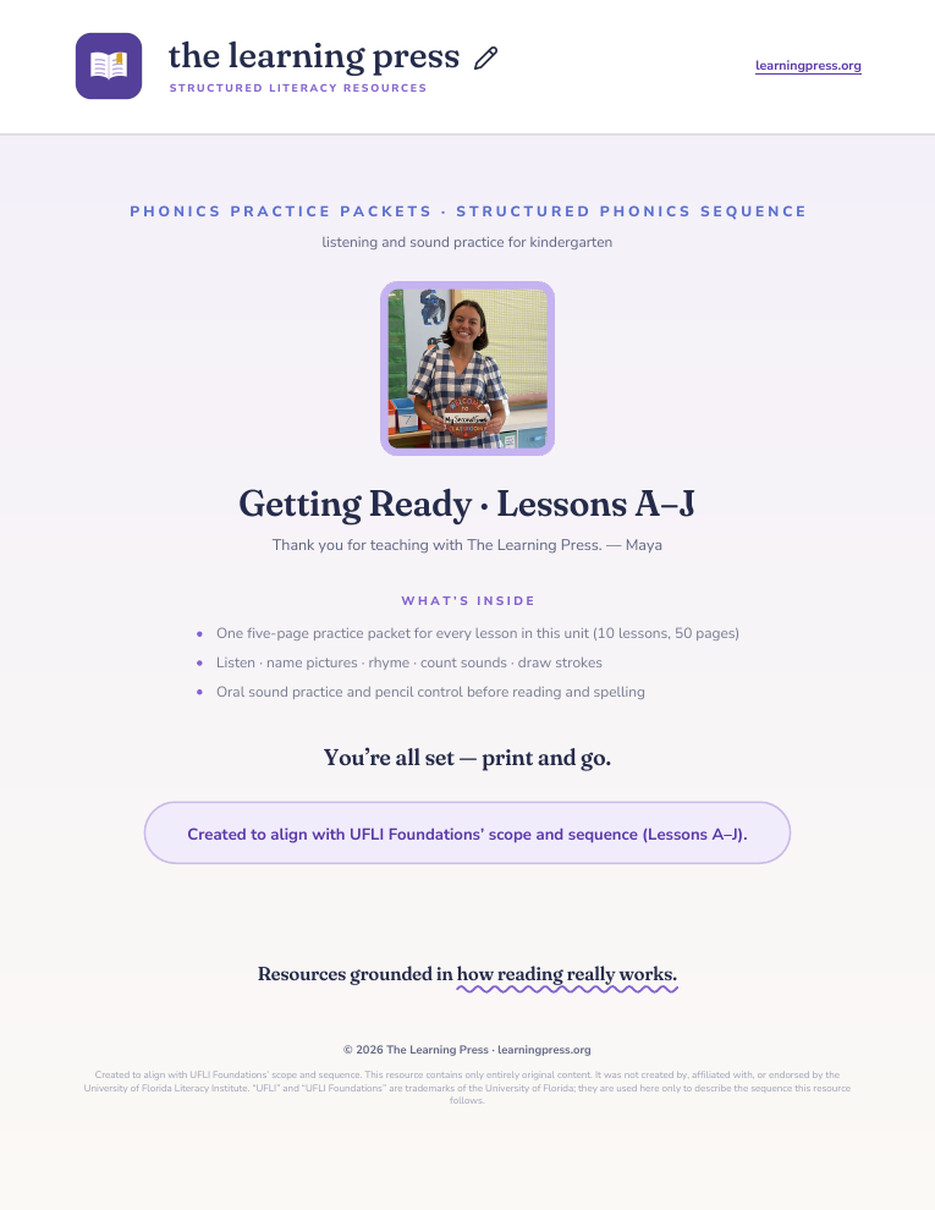 Preview page 1 of UFLI Aligned Kindergarten Worksheets · Lessons A – J · Getting Ready Unit Bundle