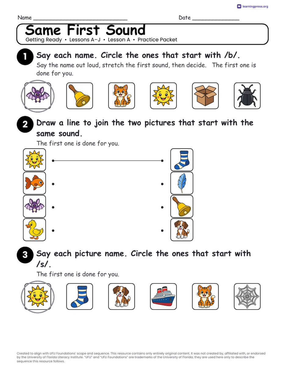 Preview page 2 of UFLI Aligned Kindergarten Worksheets · Lessons A – J · Getting Ready Unit Bundle