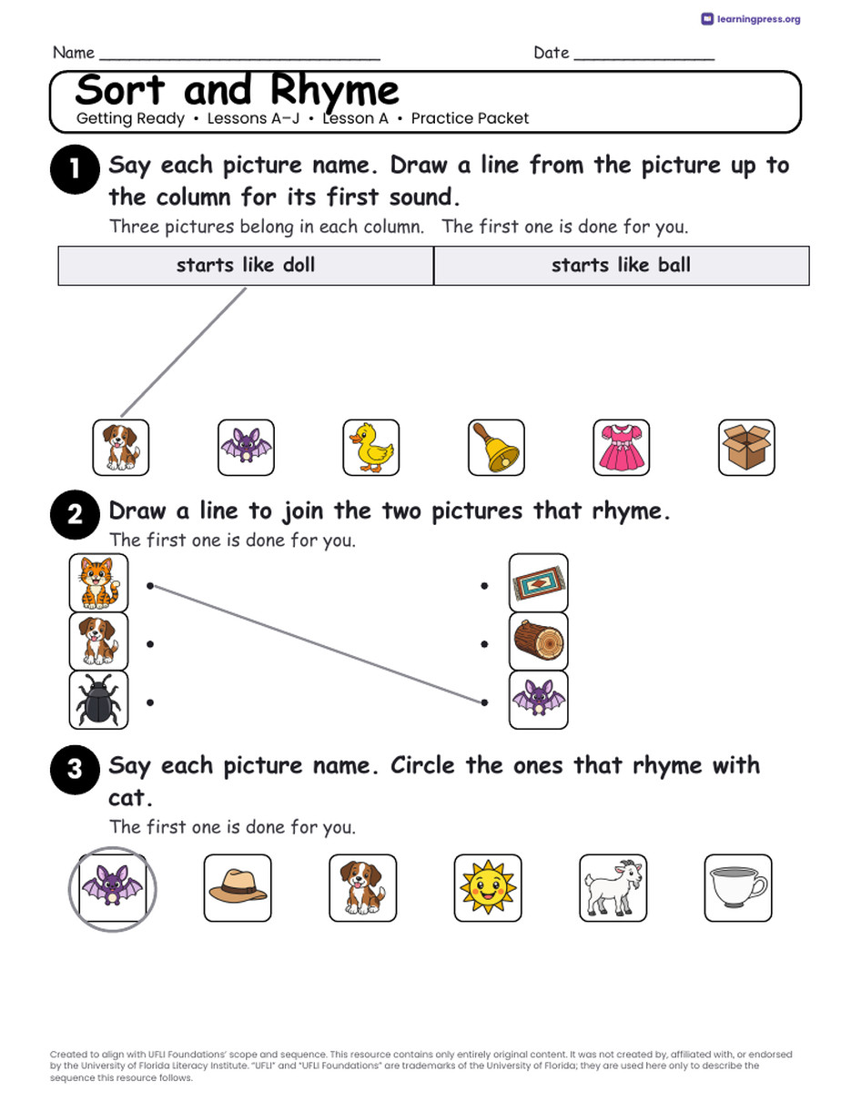 Preview page 3 of UFLI Aligned Kindergarten Worksheets · Lessons A – J · Getting Ready Unit Bundle