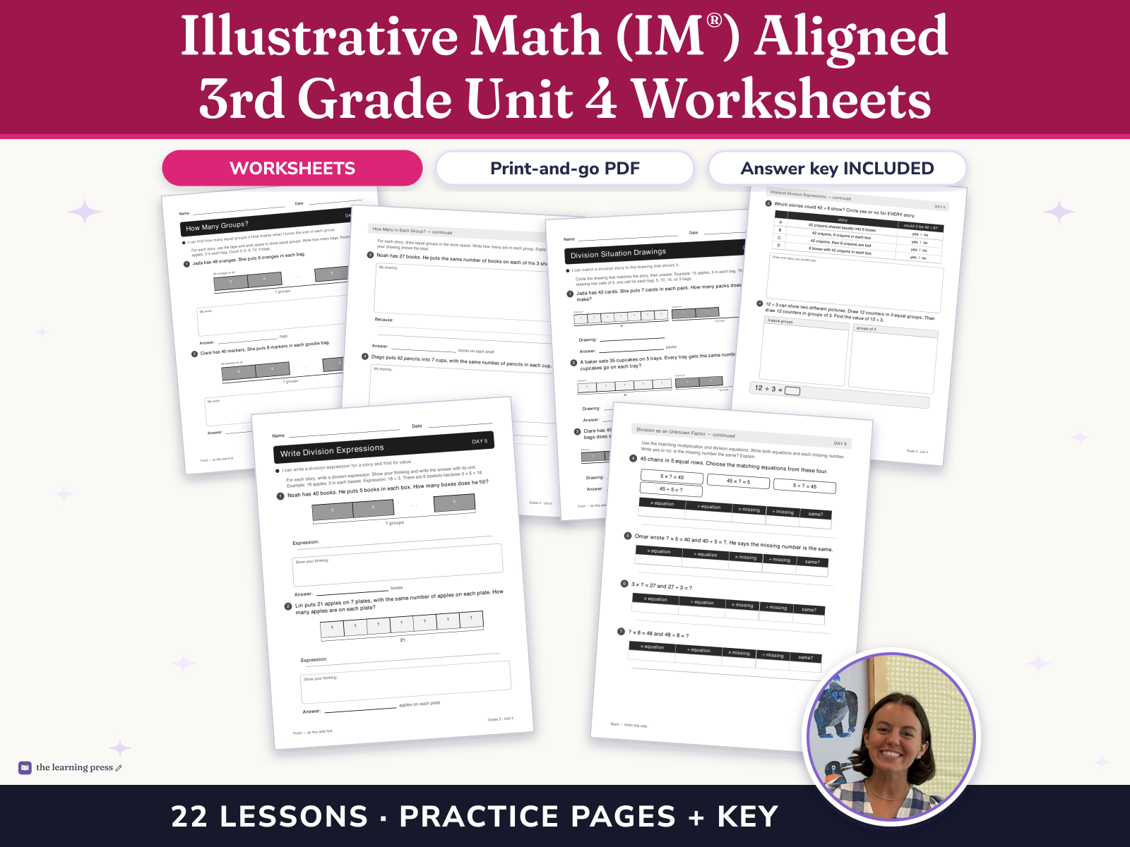 Preview page 1 of Illustrative Math (IM®) Aligned 3rd Grade Unit 4 Worksheets: Relating Multiplication to Division