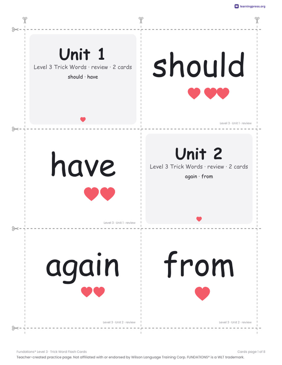 Preview page 4 of Fundations Trick Word Flash Cards — Bundle (All Levels K–3)