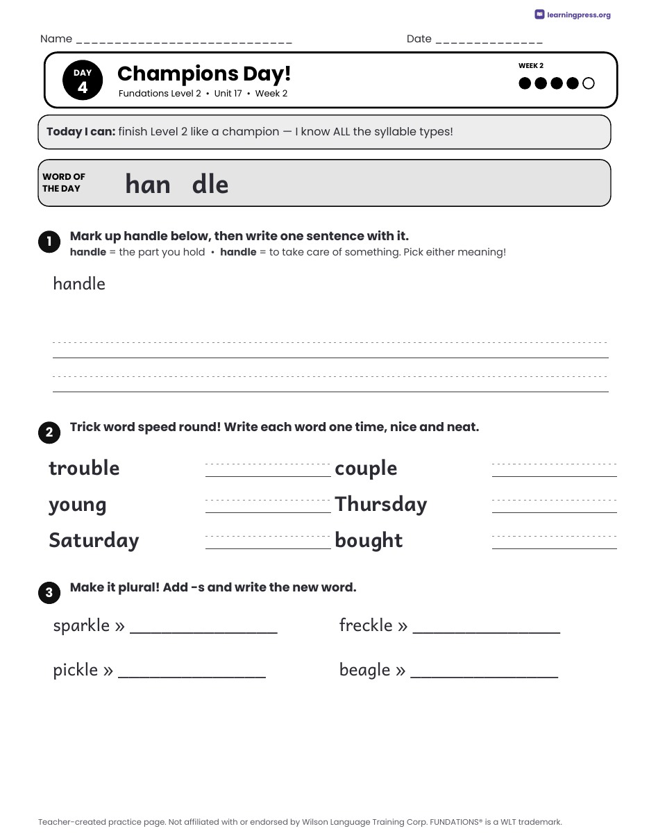 Preview page 4 of Fundations LEVEL 2 — Full-Year Daily Lesson Work Page Bundle (All Units 1–17)