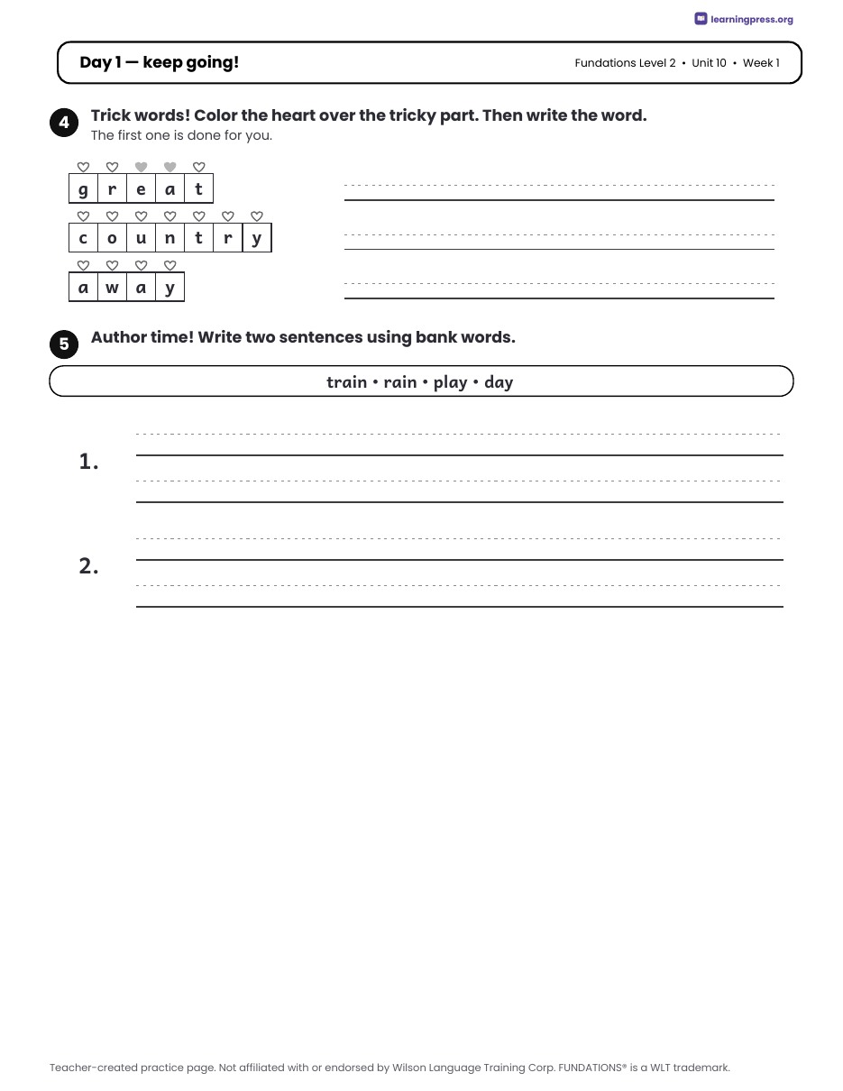 Preview page 1 of Fundations Level 2 Unit 10 Daily Lesson Work Pages