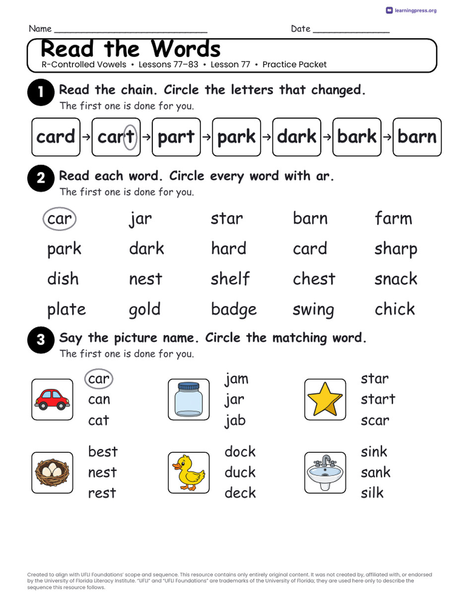 Preview page 2 of UFLI Aligned Worksheets · Lessons 77 – 83 · R-Controlled Unit Bundle