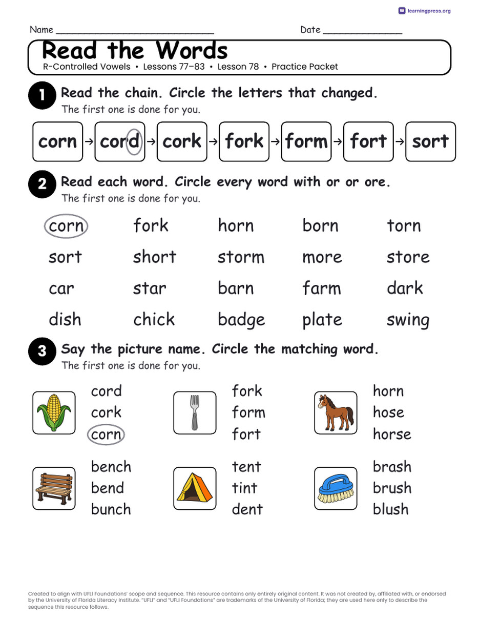 Preview page 4 of UFLI Aligned Worksheets · Lessons 77 – 83 · R-Controlled Unit Bundle
