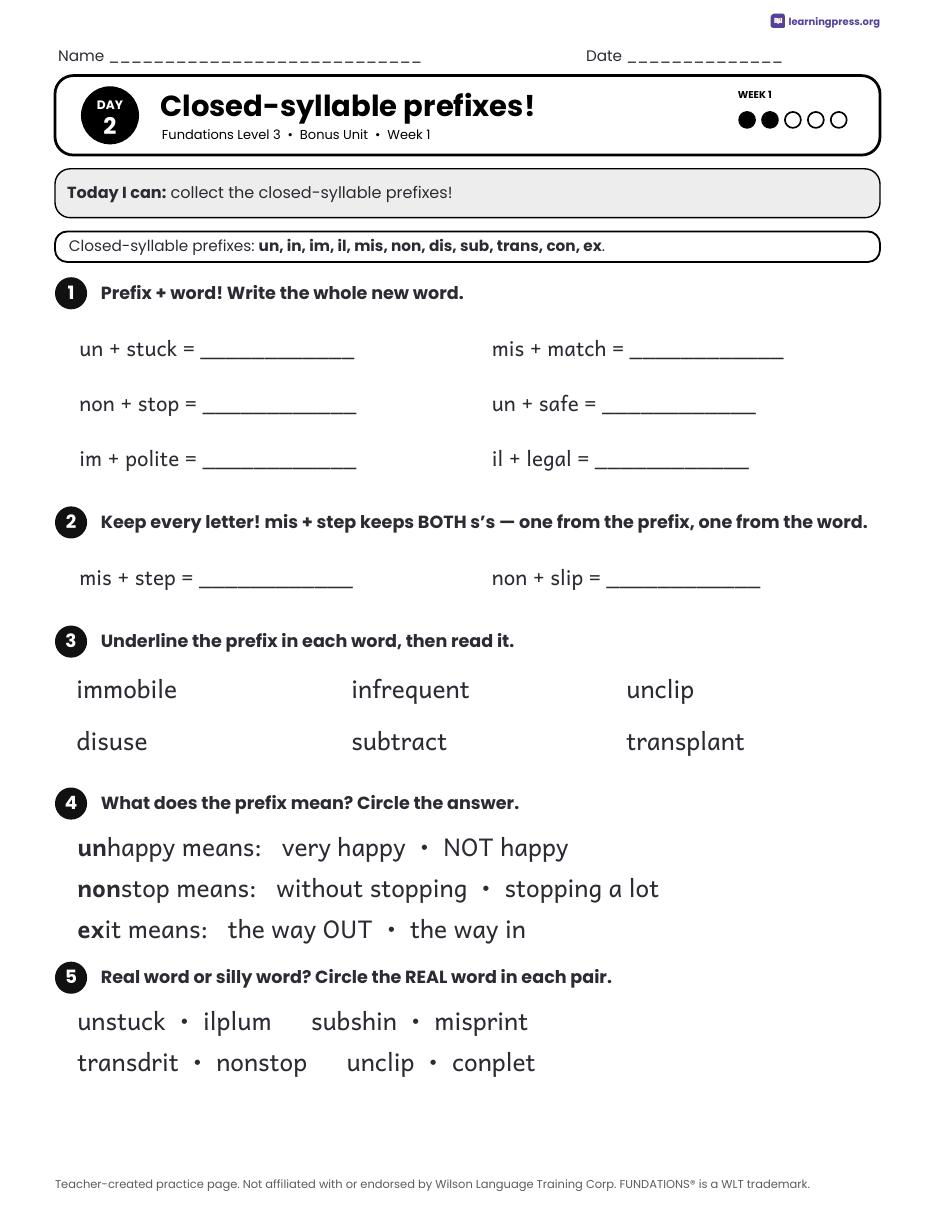 Preview page 2 of Fundations Level 3 Bonus Unit Daily Lesson Work Pages