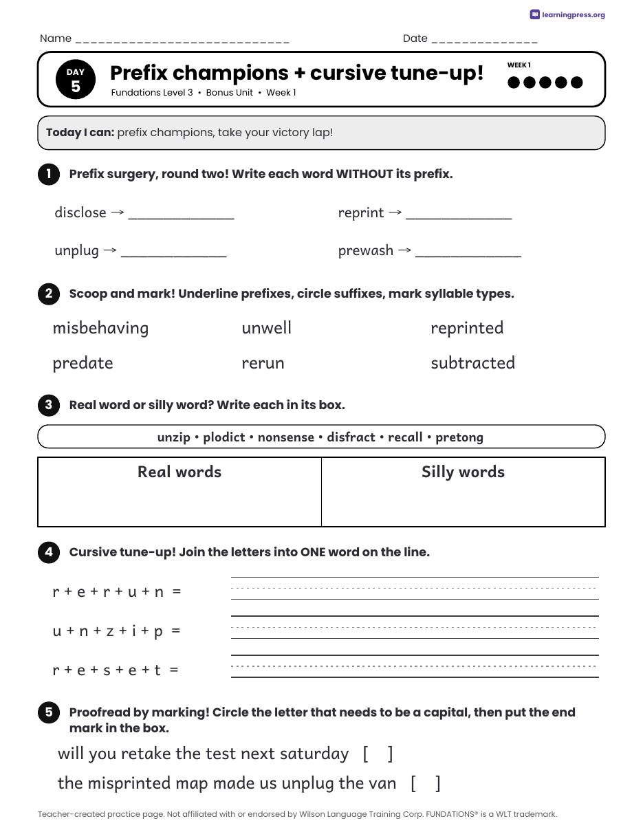 Preview page 3 of Fundations Level 3 Bonus Unit Daily Lesson Work Pages