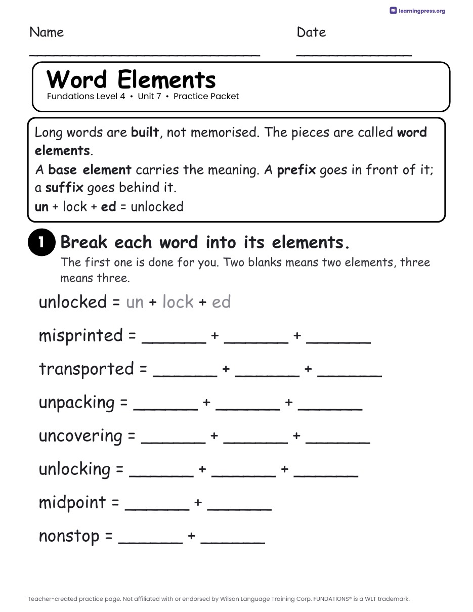Preview page 1 of Fundations Level 4 Unit 7 Worksheets