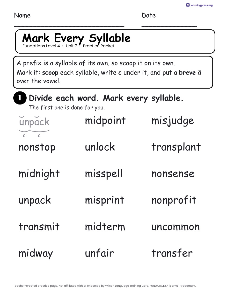 Preview page 2 of Fundations Level 4 Unit 7 Worksheets