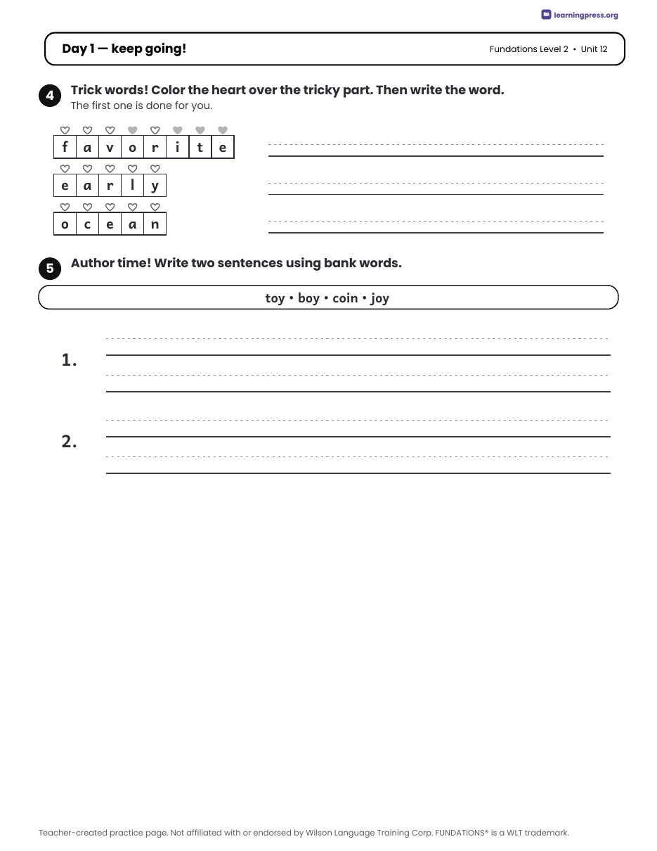 Preview page 1 of Fundations Level 2 Unit 12 Daily Lesson Work Pages