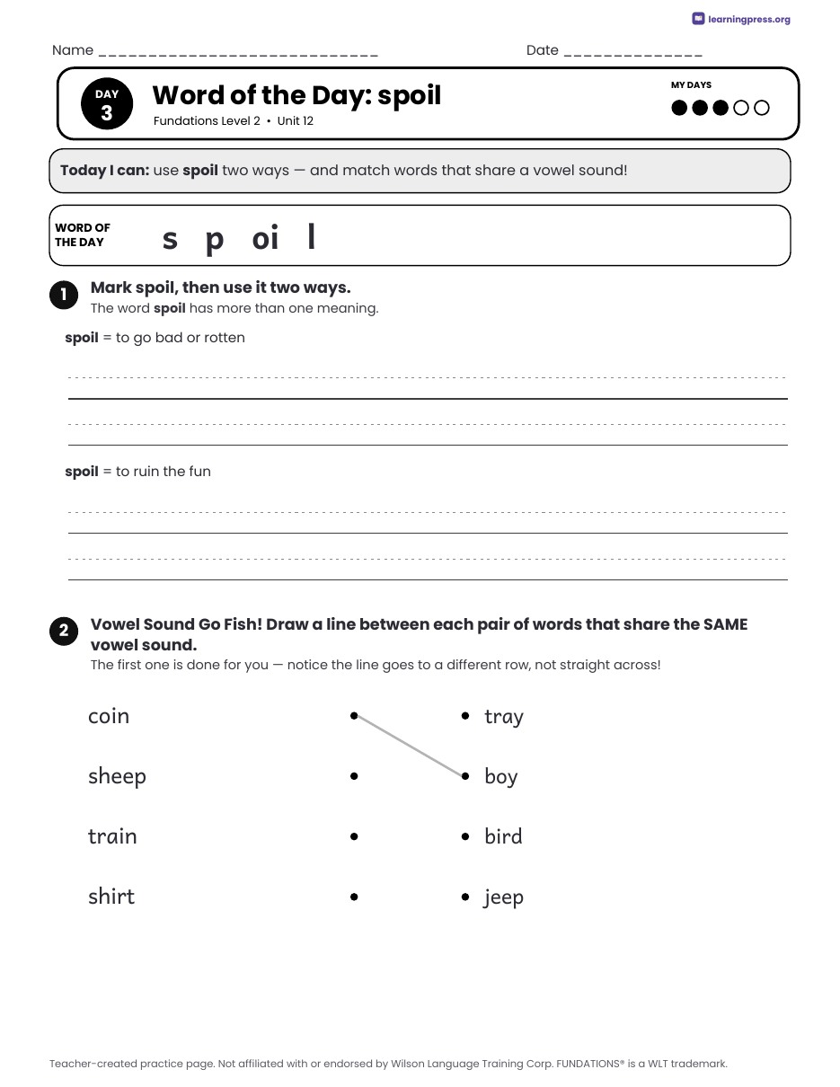 Preview page 3 of Fundations Level 2 Unit 12 Daily Lesson Work Pages