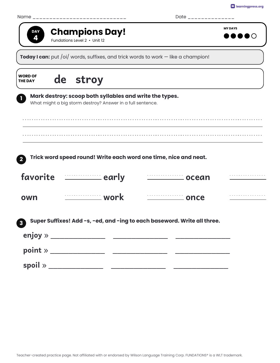 Preview page 4 of Fundations Level 2 Unit 12 Daily Lesson Work Pages