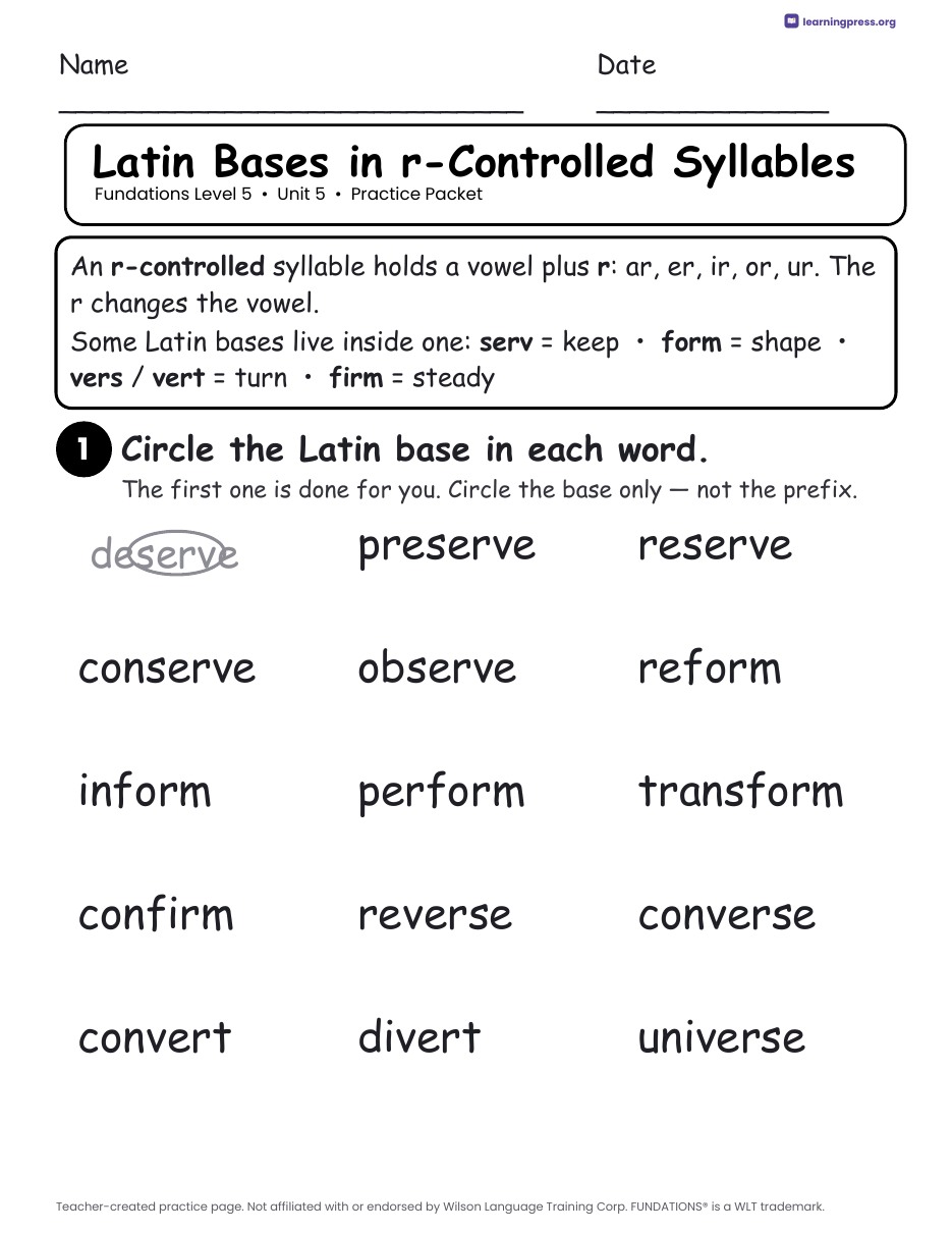 Preview page 1 of Fundations Level 5 Unit 5 Worksheets